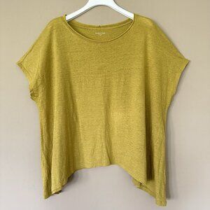 Eileen Fisher Women M 100% Linen Boxy Top Lagenlook Gold Quiet Luxury Boat Neck